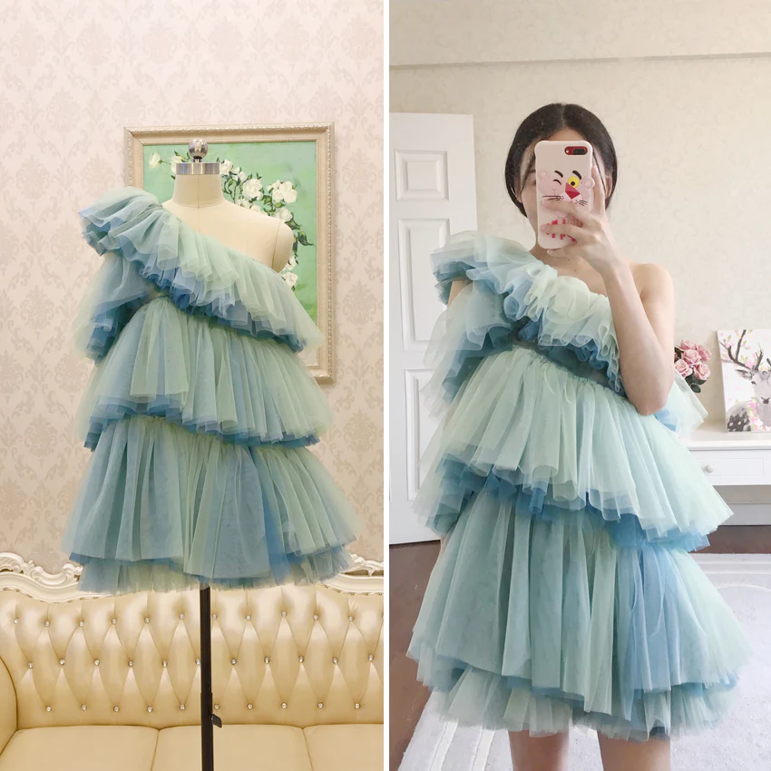 Unique One-Shoulder Tulle Homecoming Dress, Short Layers Party Dress - View 2 | FashionDia