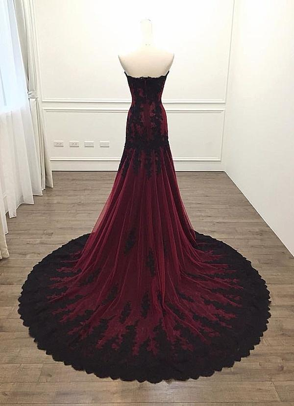 Black And Red Sweetheart Tulle With Lace Glam Evening Gown Party Dress, Long Formal Dress - View 2 | FashionDia