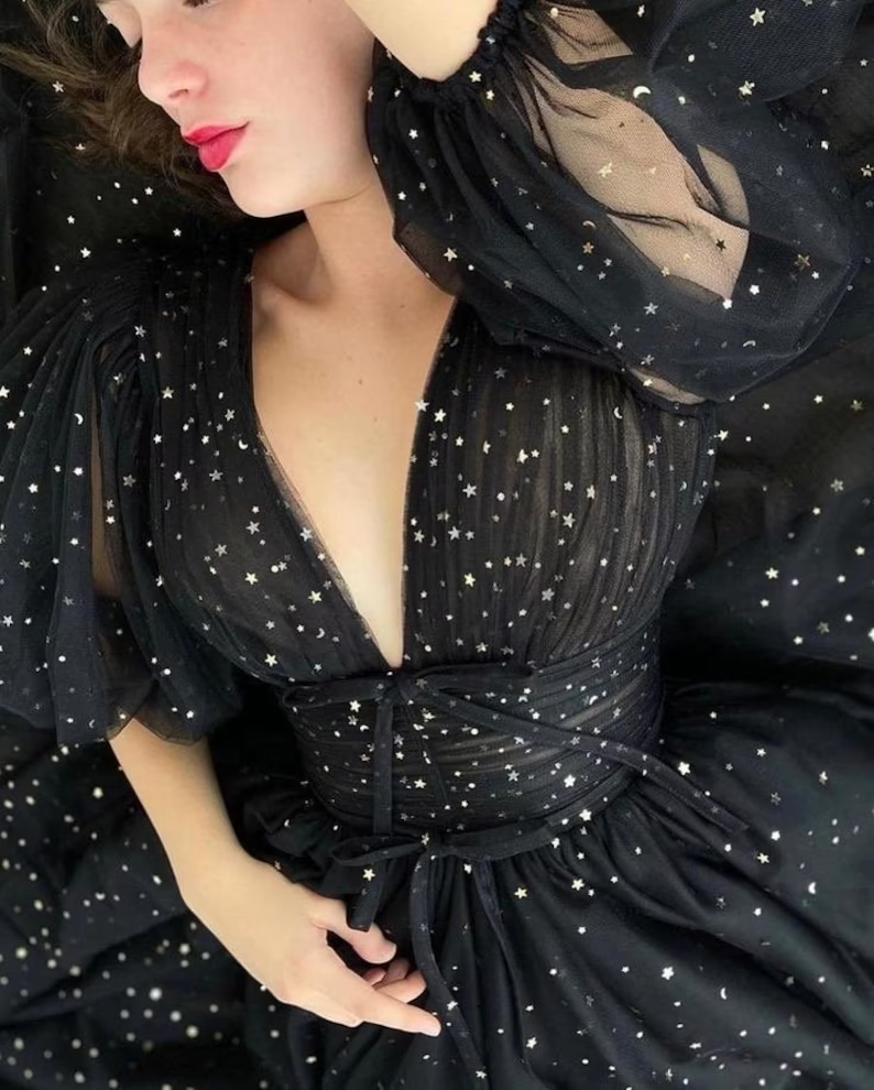 Black Tulle lace dress Black Dress Womens glitter Dress V-neckline Puff Sleeve Party Dress