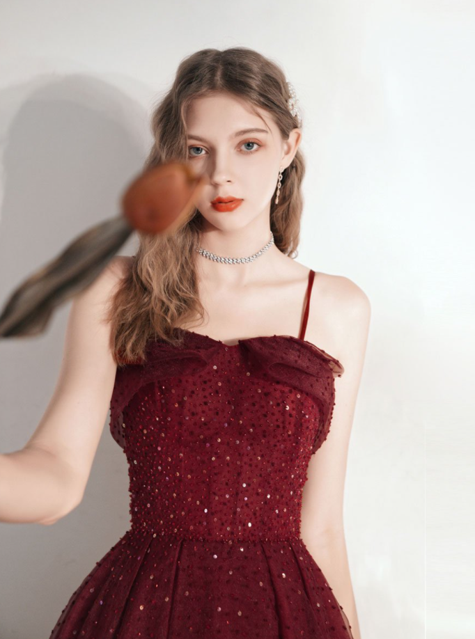 Burgundy sweetheart tulle tea length prom dress