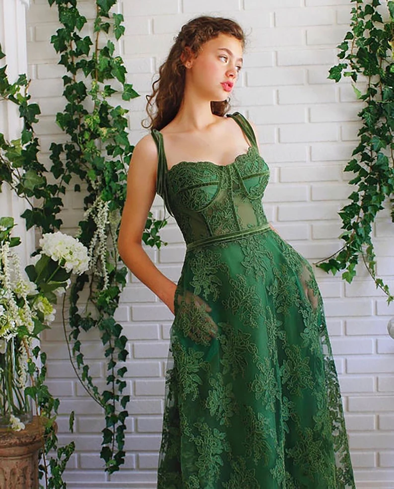 Dark Green Lace Prom Gown,A-Line Long Green Lace Fairy Prom Dress,Sweetheart Tied Straps Ball Gown Prom Dress, Lace Homecoming/Party Dress - FashionDia