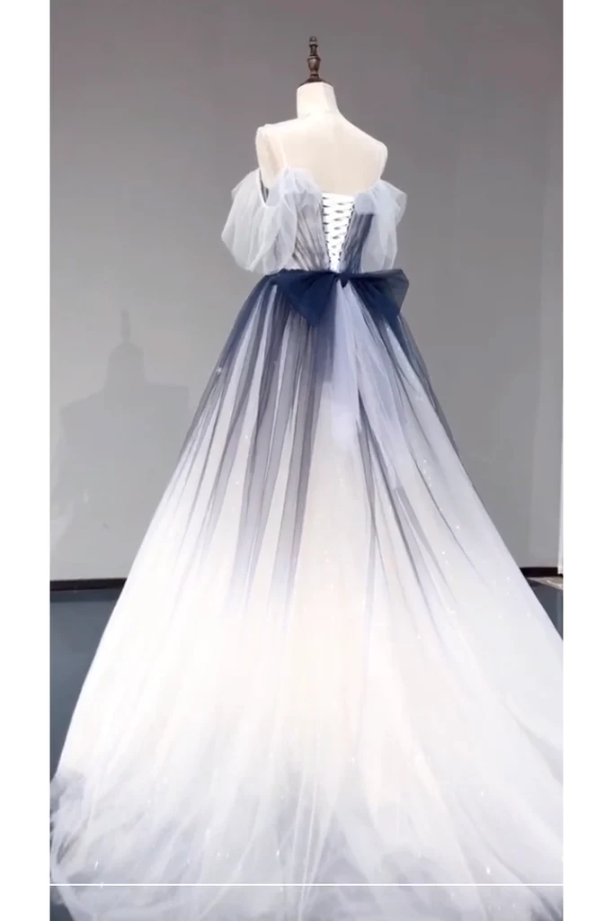 A-Line Off-the-Shoulder Ombre Prom Dress, Long Tulle Prom Dress with Saprkles - View 2 | FashionDia