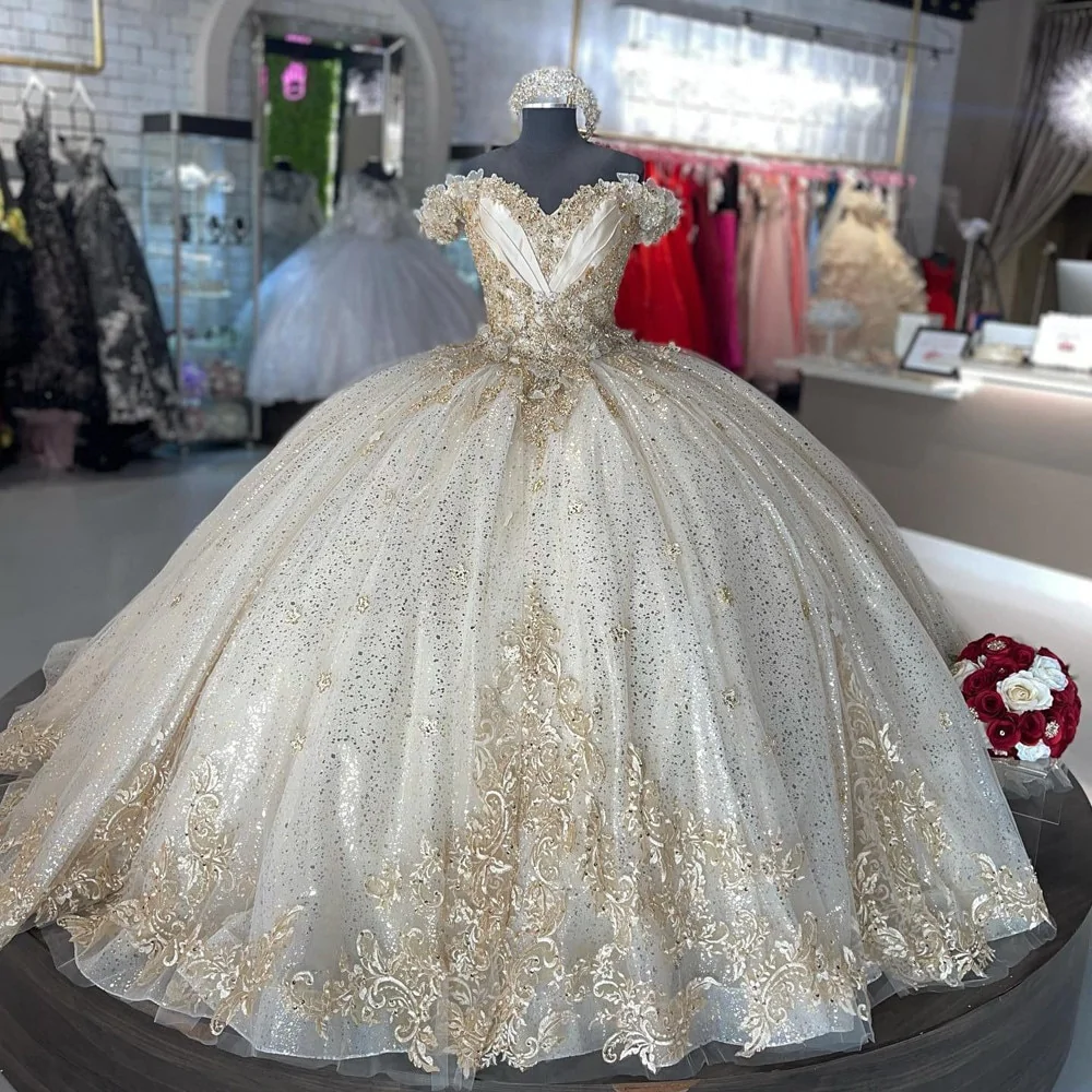 Sparkly Off-the-Shoulder Champagne Quincea?era Dress Party Ball Gown - FashionDia