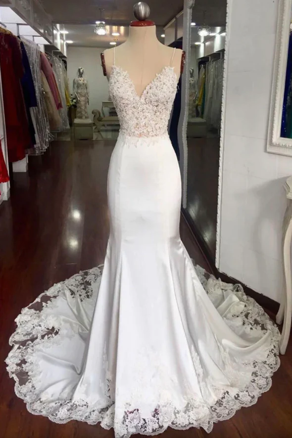 White lace long prom dress mermaid evening dress - FashionDia