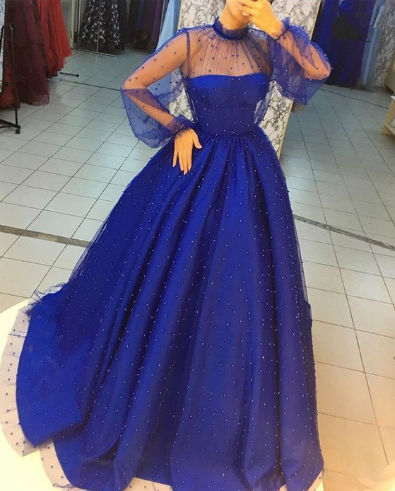 Royal blue tulle prom dress one shoulder evening dress