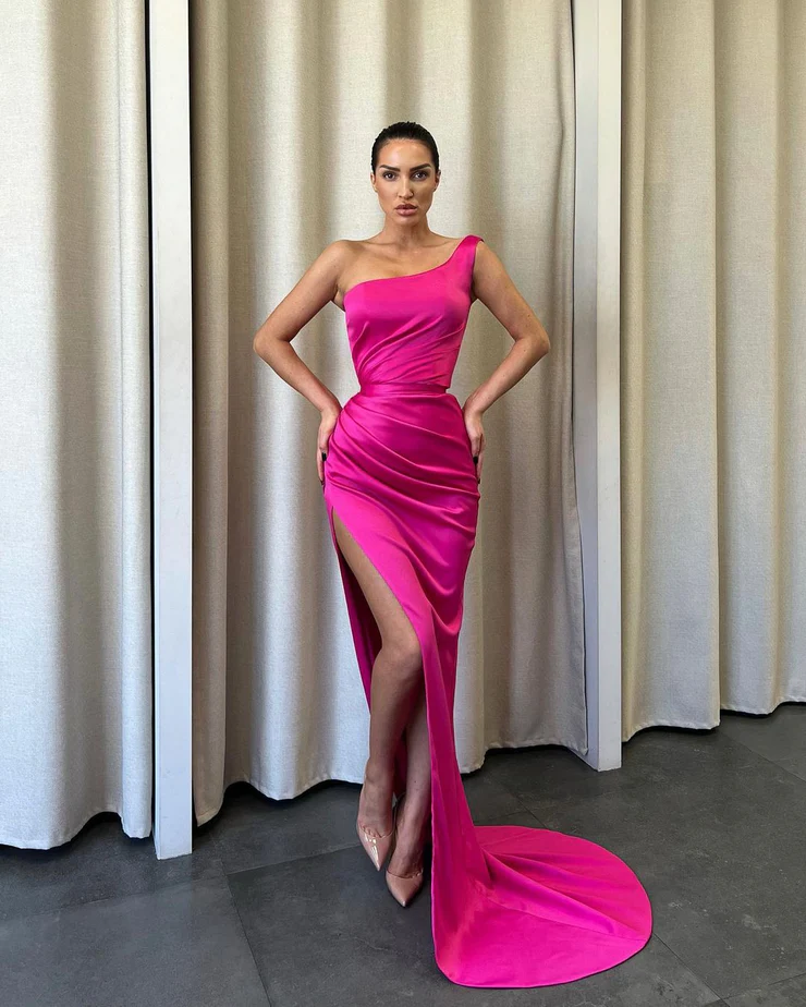 Charming Mermaid One Shoulder Hot Pink Satin Long Prom Dresses with Slit