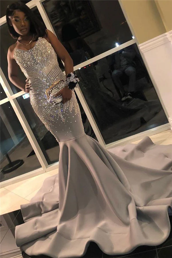 Silver Grey Mermaid Prom Dresses with Beads Crystals