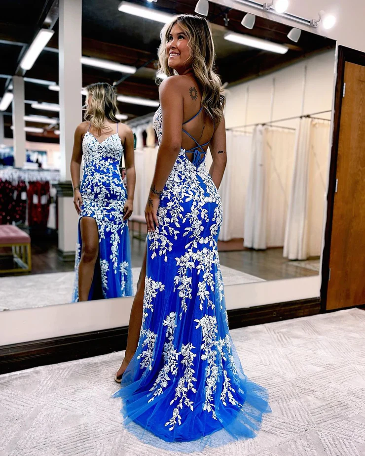 Cute Mermaid V Neck Blue Tulle White Lace Long Prom Dresses with Slit