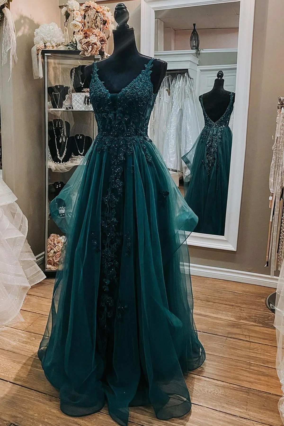 V Neck Open Back Dark Green Lace Beaded Long Prom Dresses, Dark Green Lace Formal Dresses, Dark Green Evening Dresses - VelvetHem
