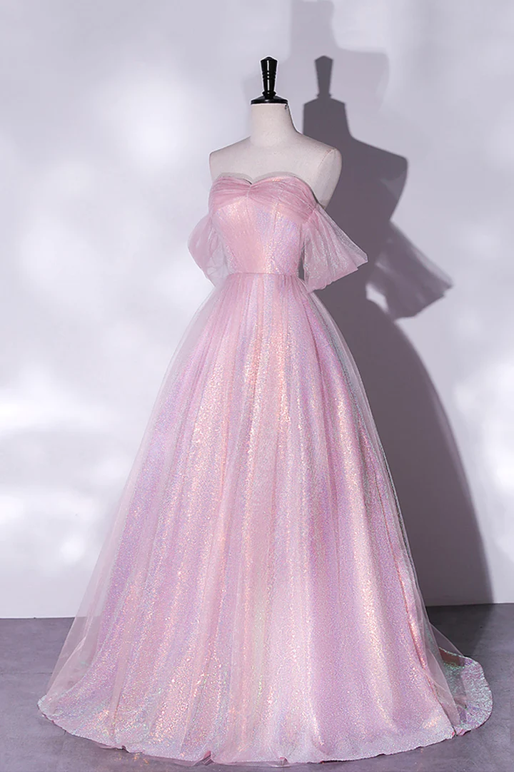 Pink Tulle Sequins Long Prom Dress, A-Line Formal Graduation Dress - VelvetHem