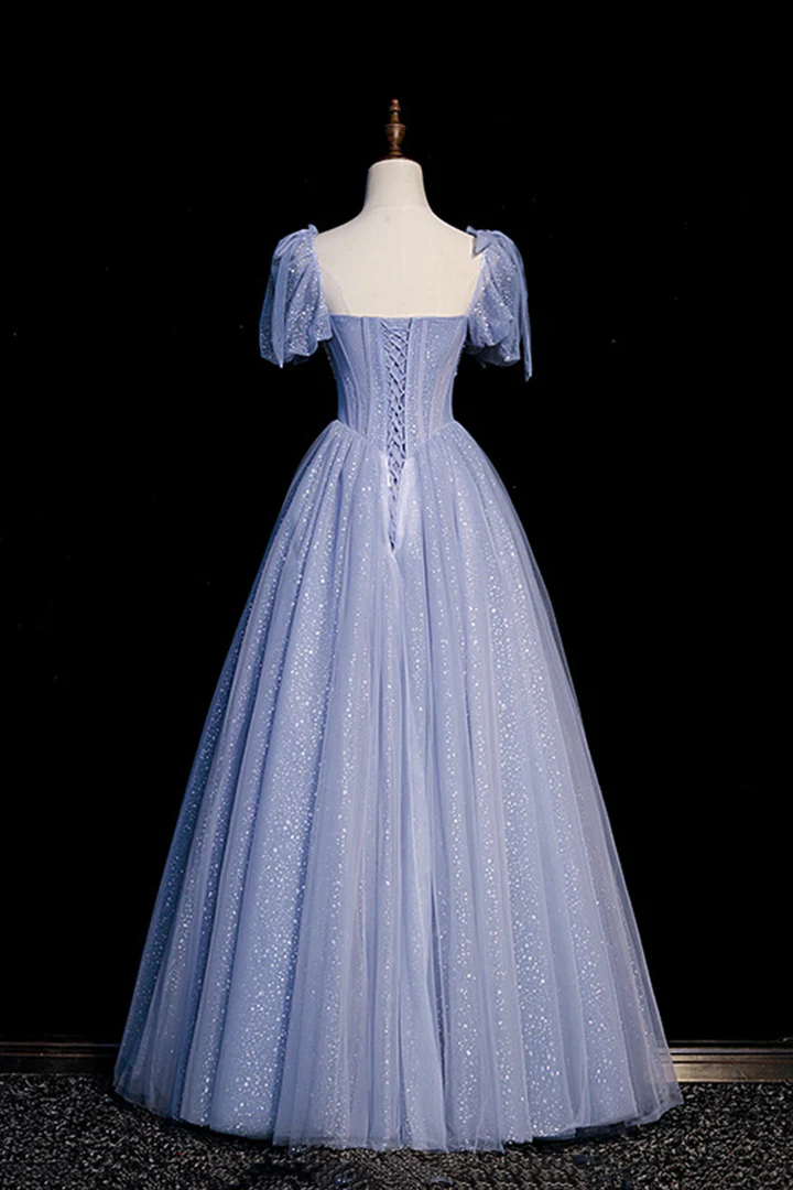Blue Tulle Long A-Line Prom Dress with Beading