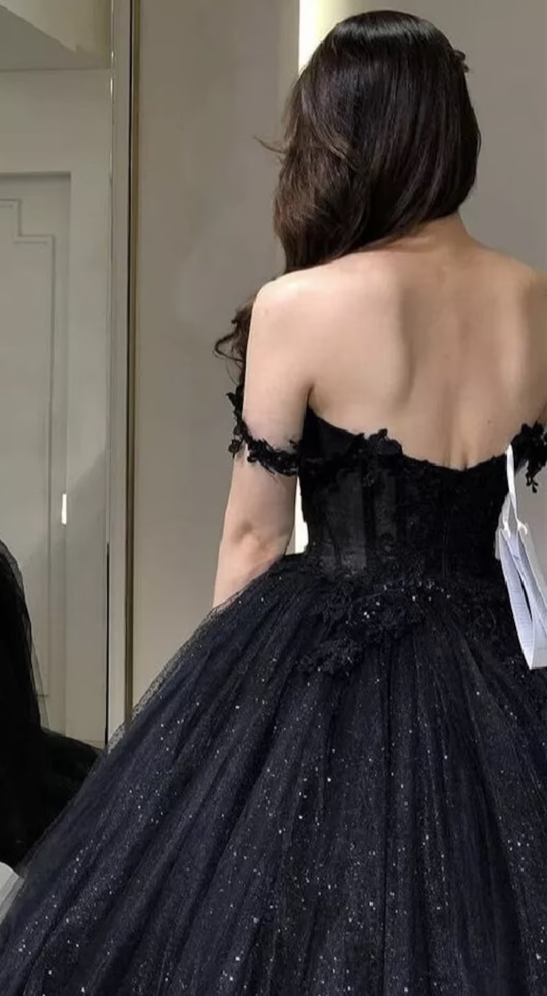 Lace Applique Tulle Dress, Black Glitter Wedding Dress, 3D Flowers Long Evening Gown