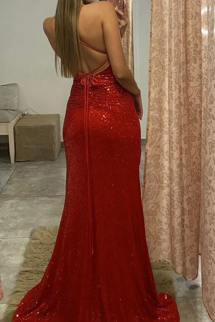 Red Sequins Mermaid Prom Dress V-Neck With Split Spaghetti-Straps
