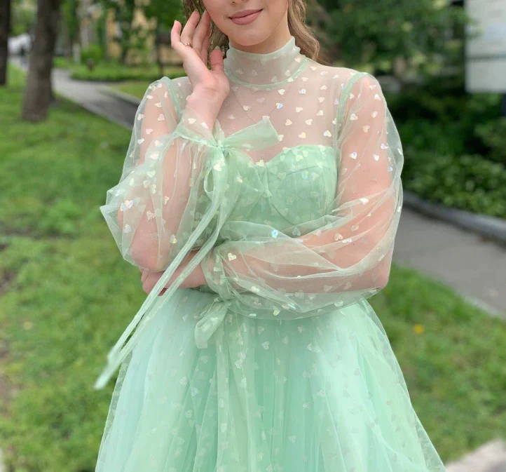 Light Green Short Tulle Prom Dresses,Long Sleeve Homecoming Party Dress - View 3 | FashionDia