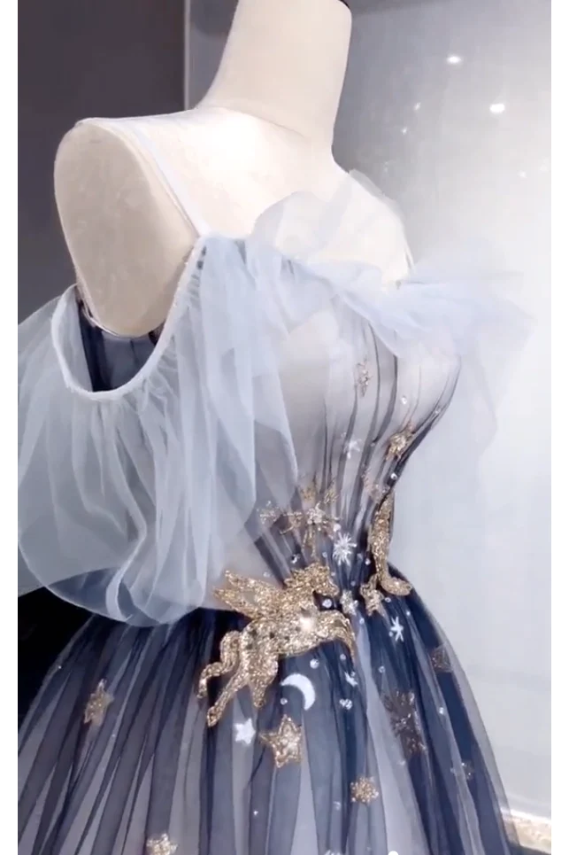 A-Line Off-the-Shoulder Ombre Prom Dress, Long Tulle Prom Dress with Saprkles - View 3 | FashionDia