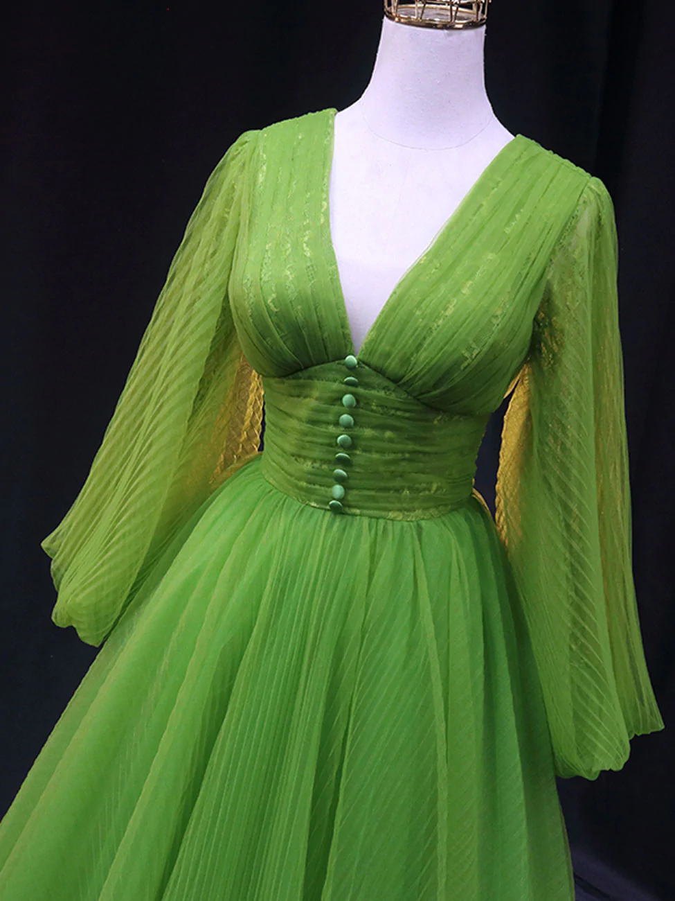 Green A-Line Long Prom Dresses, V-Neck Green Tulle Long Formal Evening Dresses - View 2 | FashionDia
