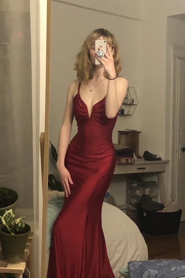 Burgundy mermaid long prom evening dress - FashionDia