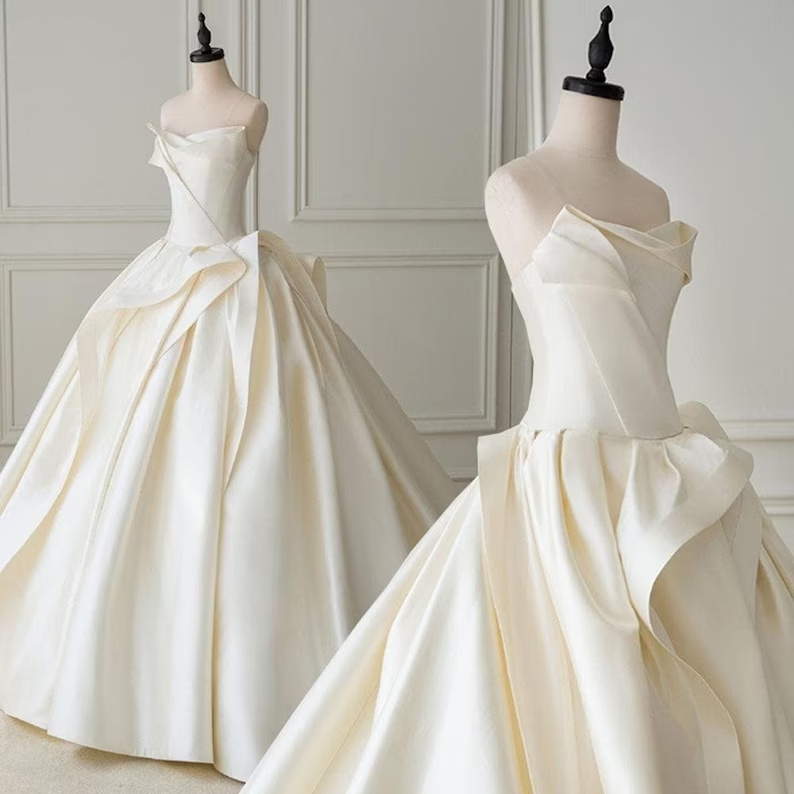 Ivory Wedding Dress, Satin Wedding Dress, Ball Gown Wedding Dresses - VelvetHem