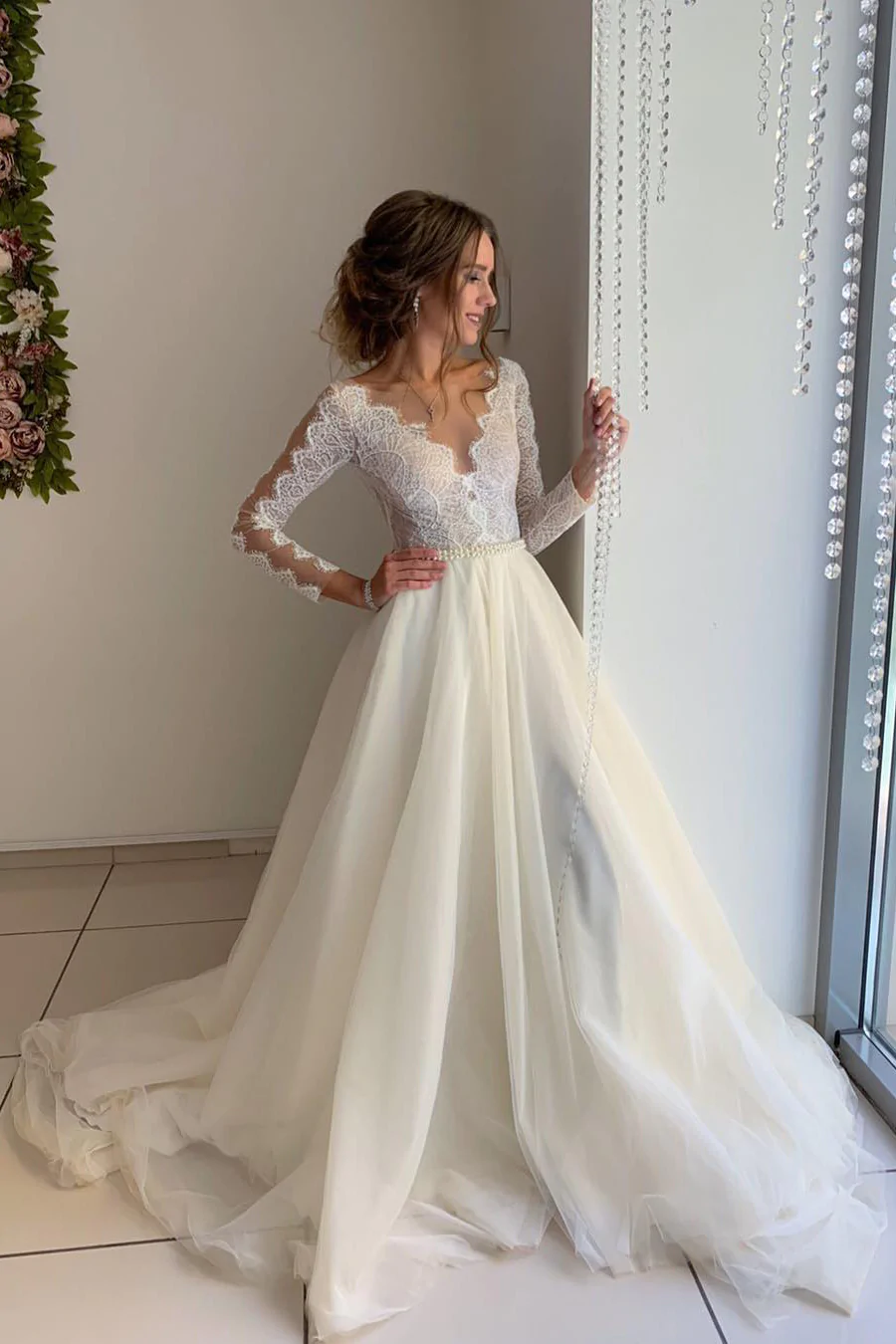Princess Long Sleeves A-line Ivory Wedding Dress with Lace - VelvetHem