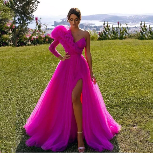 Ruffles Formal One Shoulder Tull High Slit Guest Dress Prom Dresses - VelvetHem