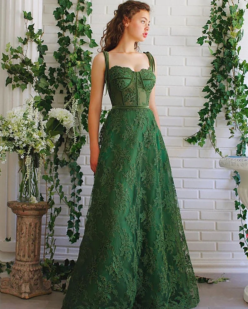 Dark Green Lace Prom Gown,A line Long Green Lace Fairy Prom Dress,Sweetheart Tied Straps Ball Gown Prom Dress, Lace Homecoming/Party Dress