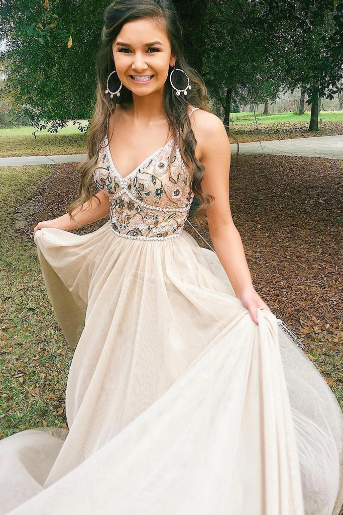 Chic Spaghetti Straps Low Back V Neck Prom Dress A Line Long Evening Dresses with Flowers