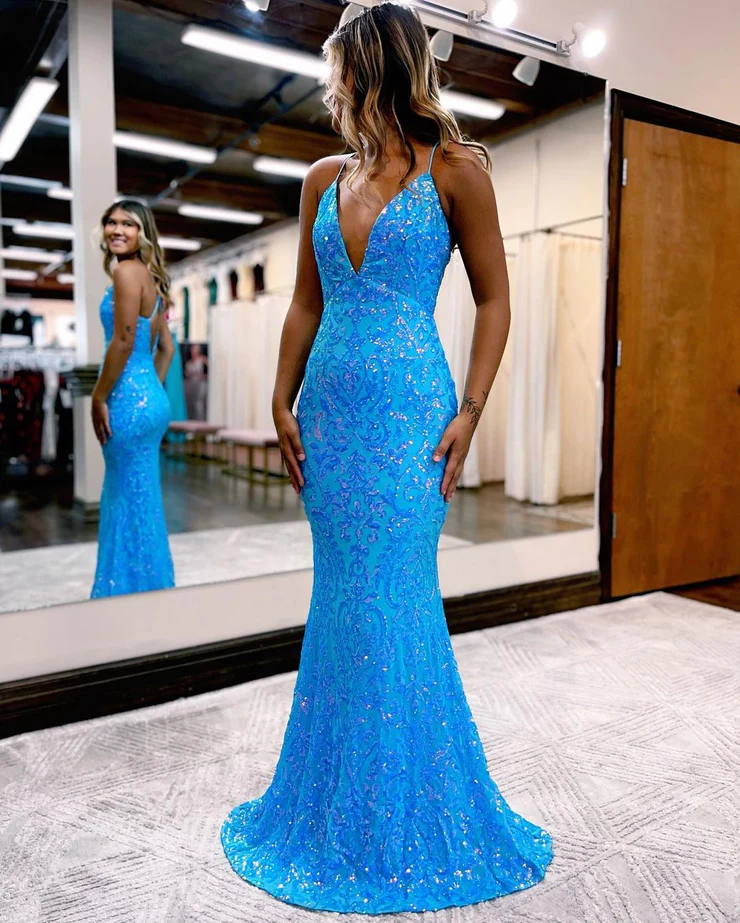 Charming Mermaid V Neck Blue Lace Sequins Long Prom Dresses