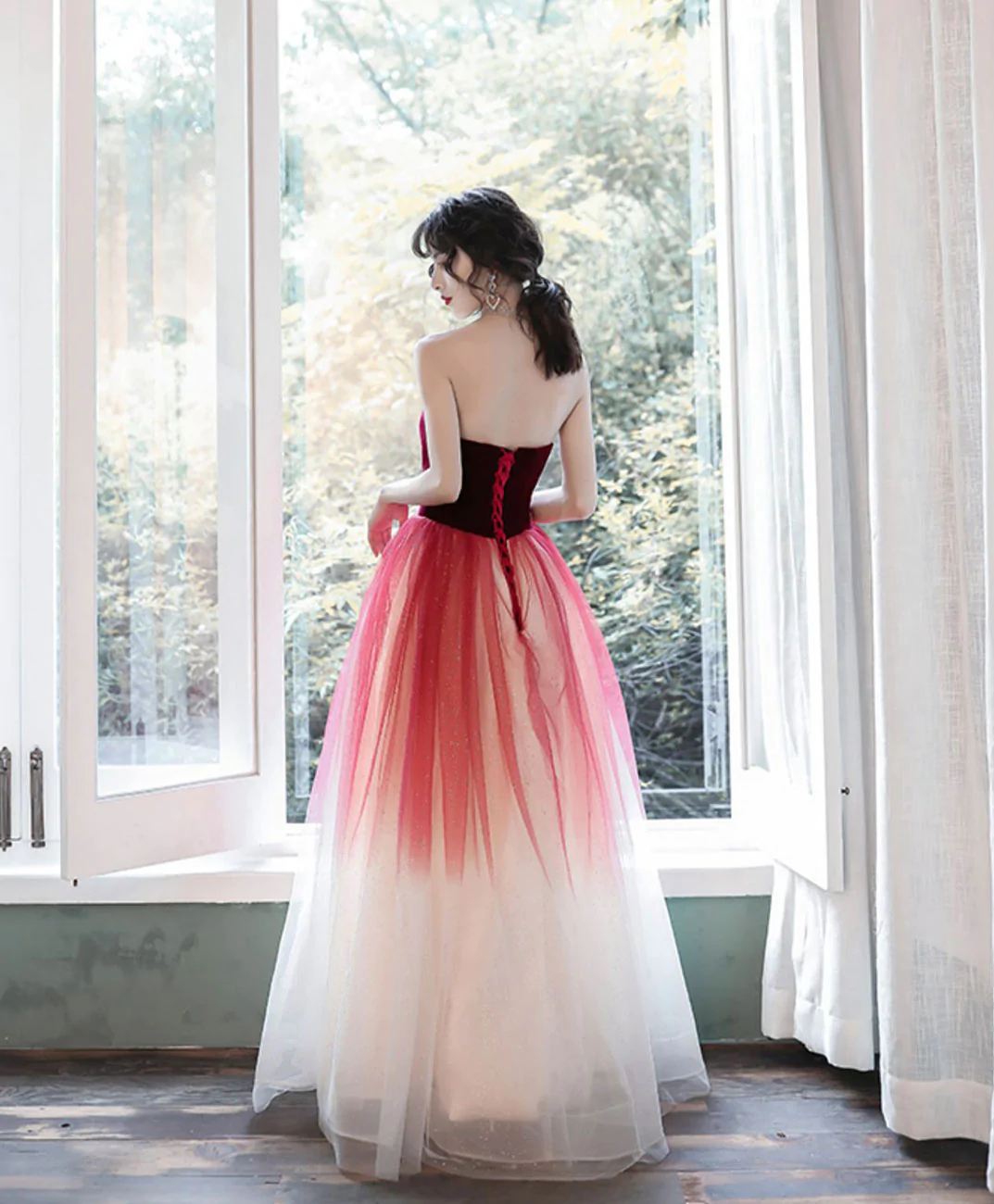 A-Line Tulle Burgundy Long Prom Dresses, Burgundy Formal Party Dress - View 2 | FashionDia