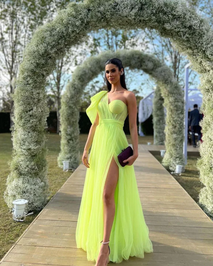 Charming A Line One Shoulder Fluorescent Green Tulle Long Prom Dresses with Slit