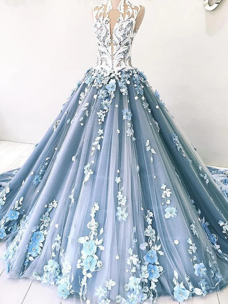 Vintage Ball Gown Prom Dress Tulle High Neck Customed Prom Dress