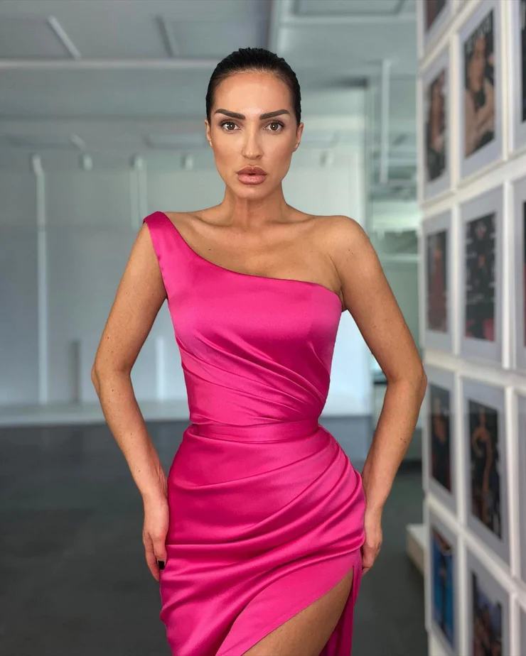 Charming Mermaid One Shoulder Hot Pink Satin Long Prom Dresses with Slit