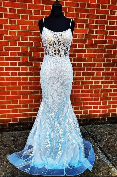 mermaid light blue long prom dress with spaghetti straps