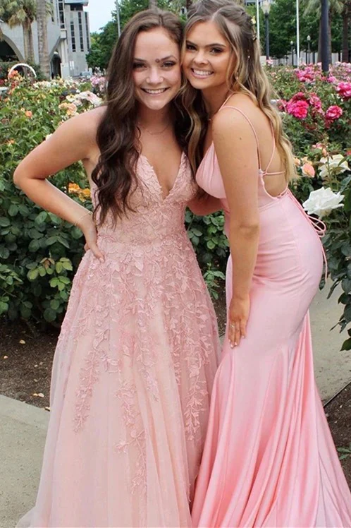 A-Line V-Neck Sleeveless Spaghetti Straps Light Blue Lace Long Prom Dresses