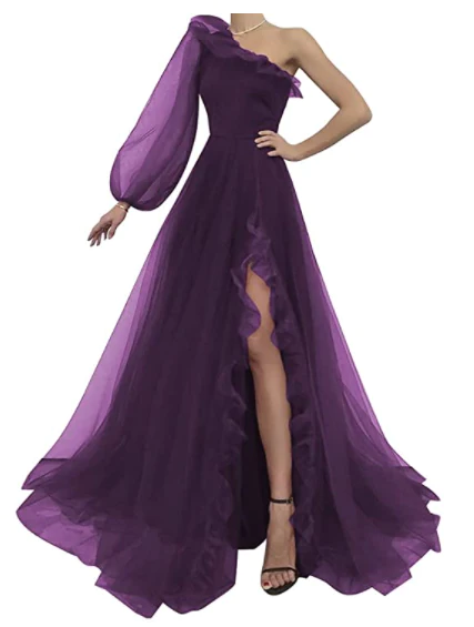 Purple tulle prom dress one shoulder evening dress