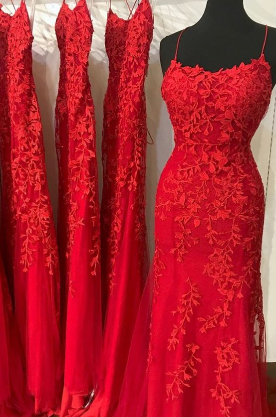 A Line red prom dress lace gown with strappy lace up back