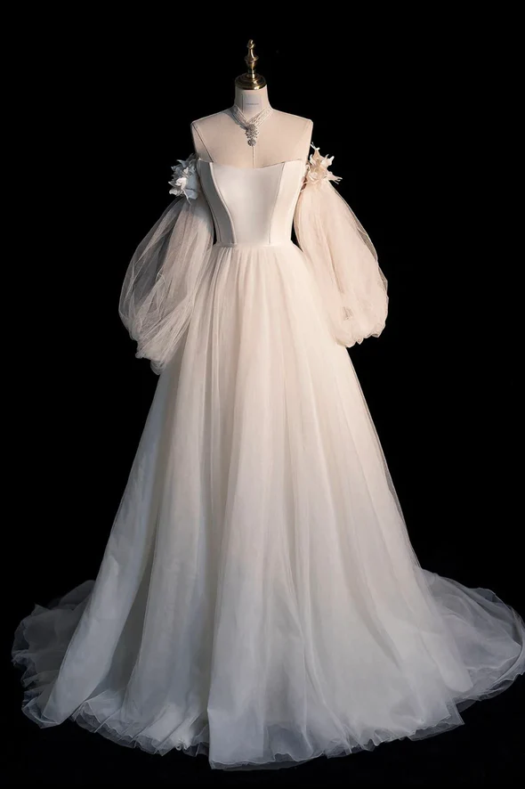 Champagne tulle long A-line prom dress champagne evening dress