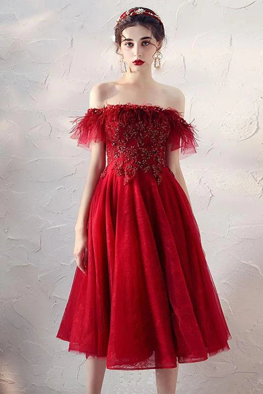 Burgundy Off The Shoulder Knee Length Homecoming Dress With Beading, A Line Dress