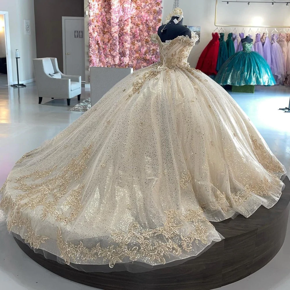 Sparkly Off-the-Shoulder Champagne Quincea?era Dress Party Ball Gown - View 2 | FashionDia