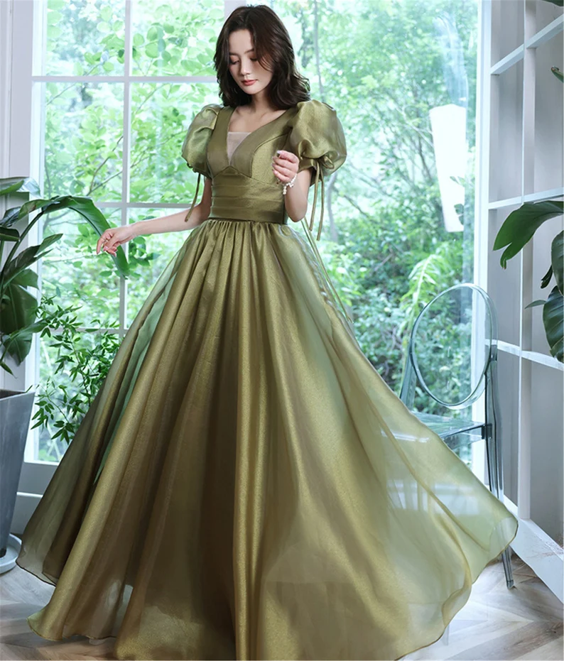 Green Evening Dress, Wedding Guest Dress, Puff Sleeve Dress, Fairy Dress, Cottagecore Dress, French Vintage Dress - VelvetHem