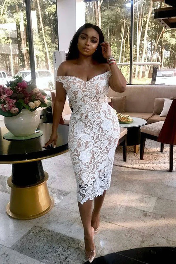 Sheath Off the Shoulder White Lace Long Bridesmaid Dresses,Elegant Bridesmaid Dresses - VelvetHem