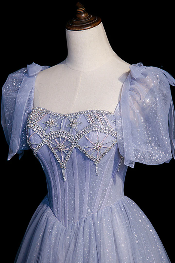 Blue Tulle Long A-Line Prom Dress with Beading