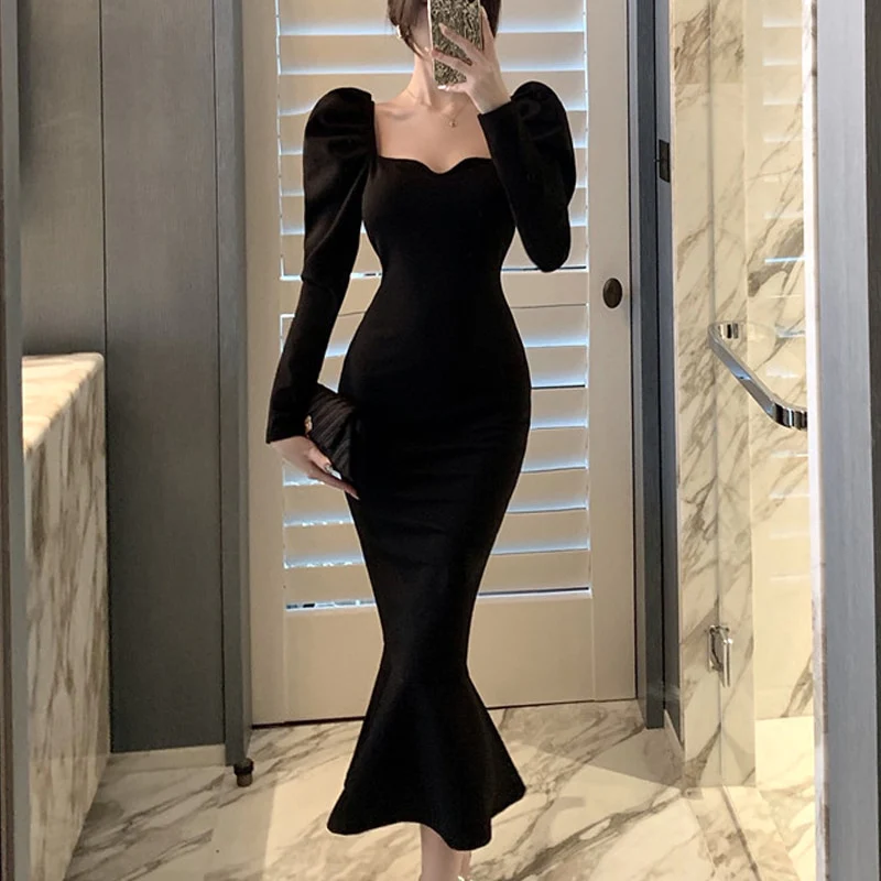 Elegant Mermaid Black Long Dress Women Korean One Piece Vintage Gothic Evening Party Dress - View 5 | FashionDia