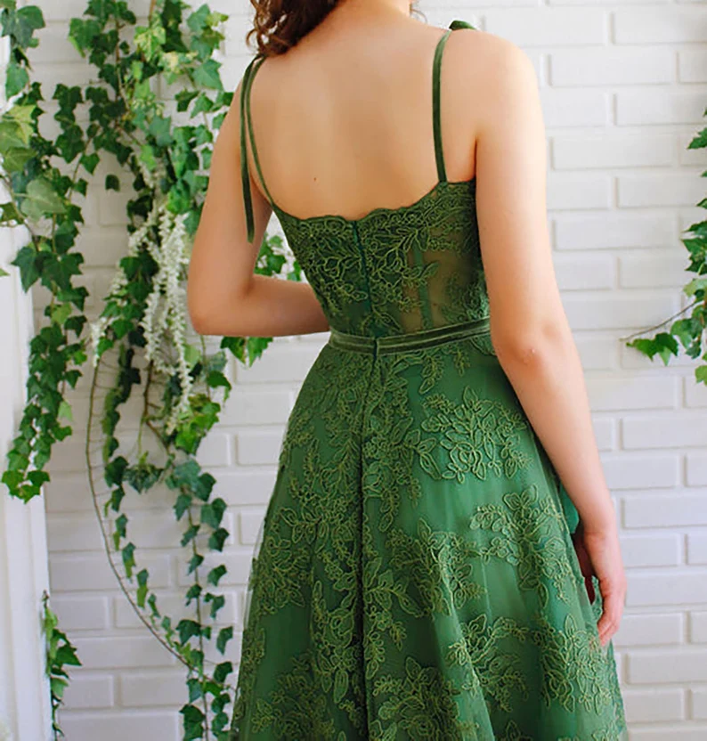 Dark Green Lace Prom Gown,A line Long Green Lace Fairy Prom Dress,Sweetheart Tied Straps Ball Gown Prom Dress, Lace Homecoming/Party Dress