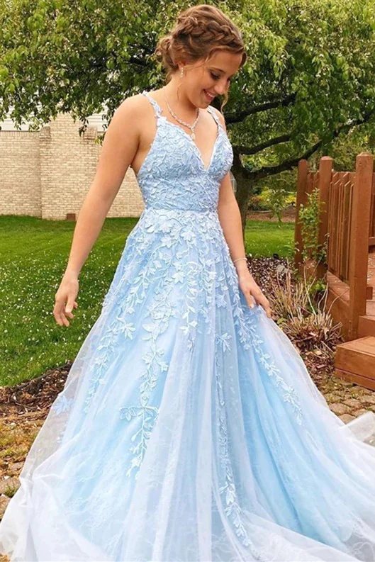 A-Line V-Neck Sleeveless Spaghetti Straps Light Blue Lace Long Prom Dresses