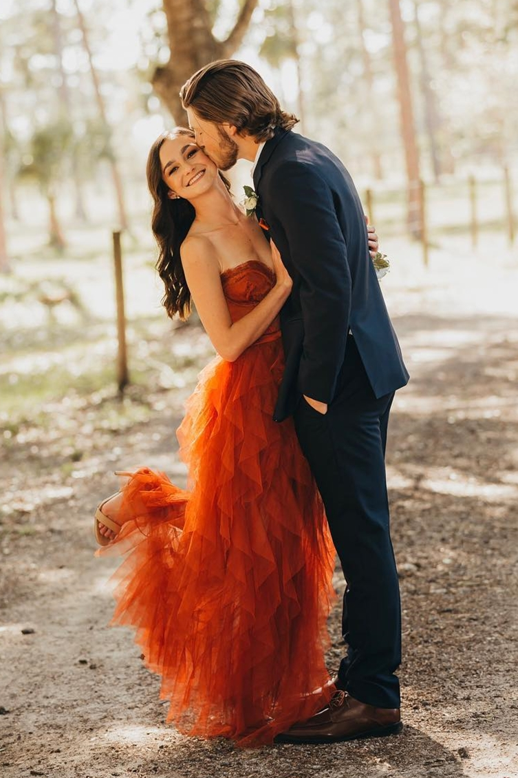 Gorgeous Sweetheart Rust Tiered Long Formal Dress with Slit