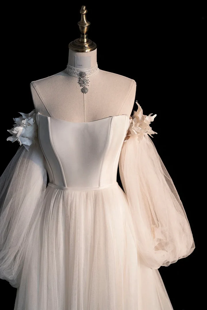 Champagne tulle long A-line prom dress champagne evening dress - View 3 | FashionDia