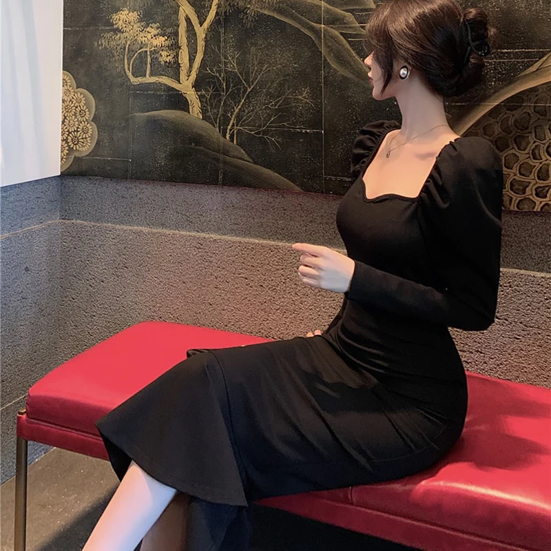 Elegant Mermaid Black Long Dress Women Korean One Piece Vintage Gothic Evening Party Dress - View 4 | FashionDia