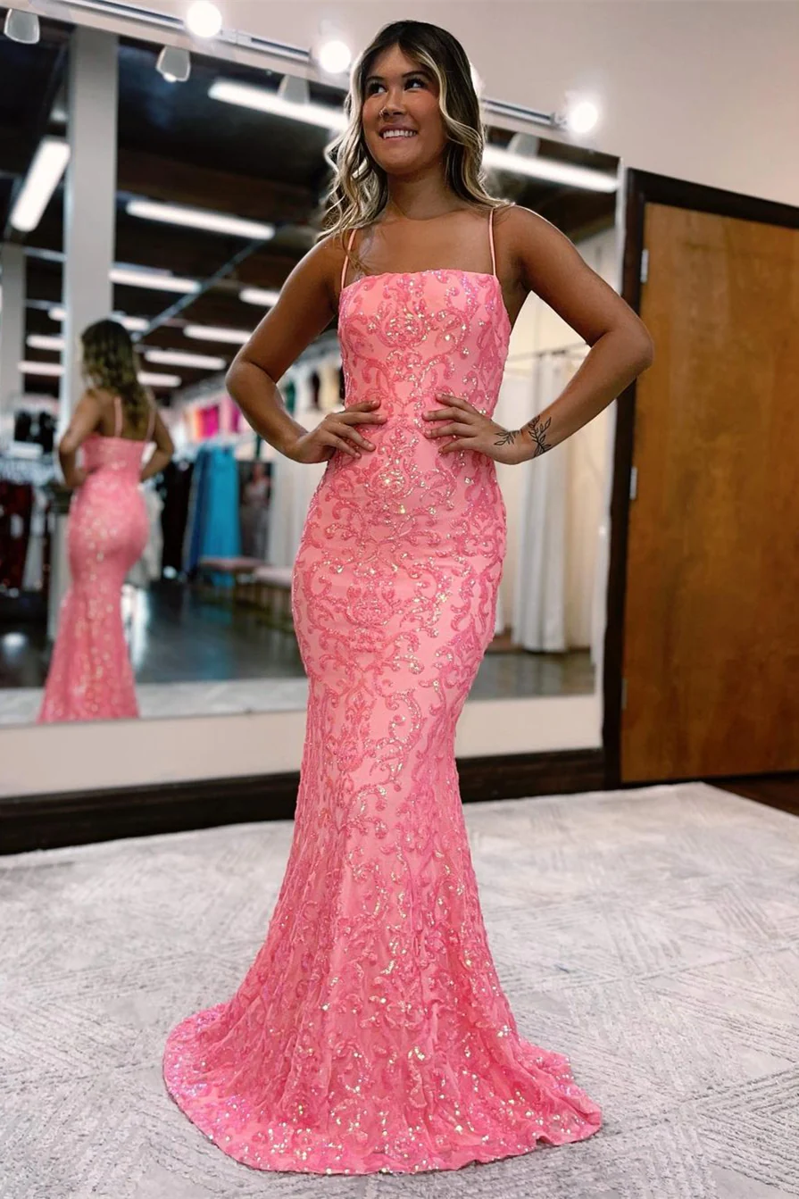 Modern Pink Long Spaghetti Straps Mermaid Prom Dress With Lace