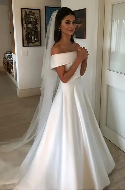 Simple Elegant Off-the-Shoulder A-Line Wedding Dresses Satin Beach Garden Wedding Dress - View 2 | FashionDia