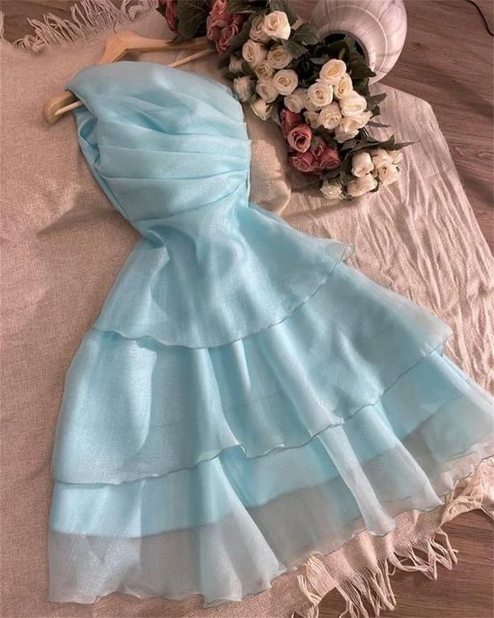 Elegant One-Shoulder Party Layered Evening Dress Homecoming Dress,Blue Beach Dress - View 2 | FashionDia